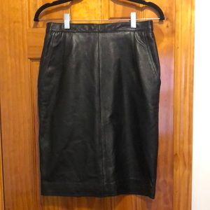 Black leather midi pencil skirt